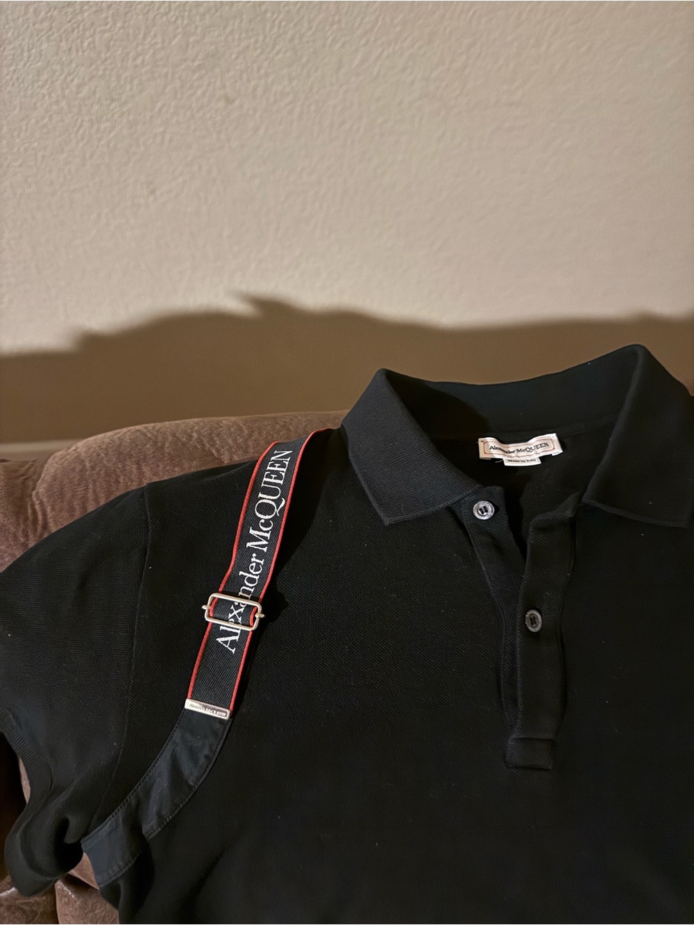 Alexander McQueen Black Strap with White Logo and Red Trim Harness Polo Shirt